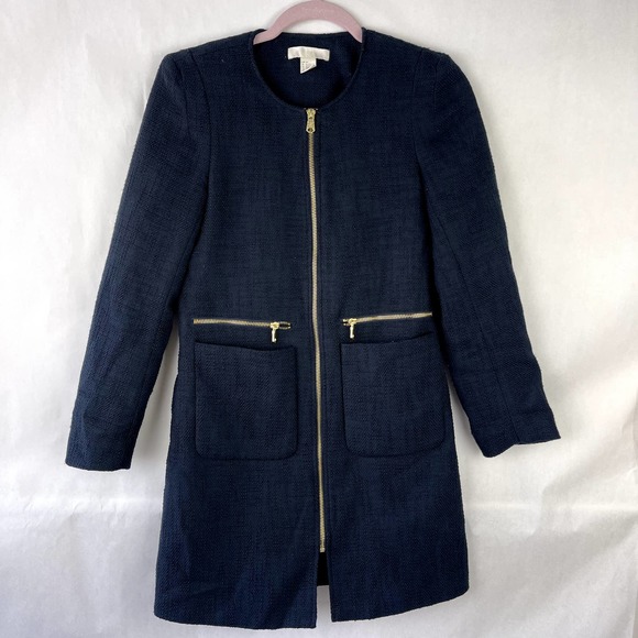 H&M Long Zip Up Tweed Blazer Coat Navy Blue Womens Size 4 - Picture 1 of 6